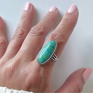 Large Oval Genuine Turquoise Sterling Silver Ring, Bohol Ring, Silver Ring